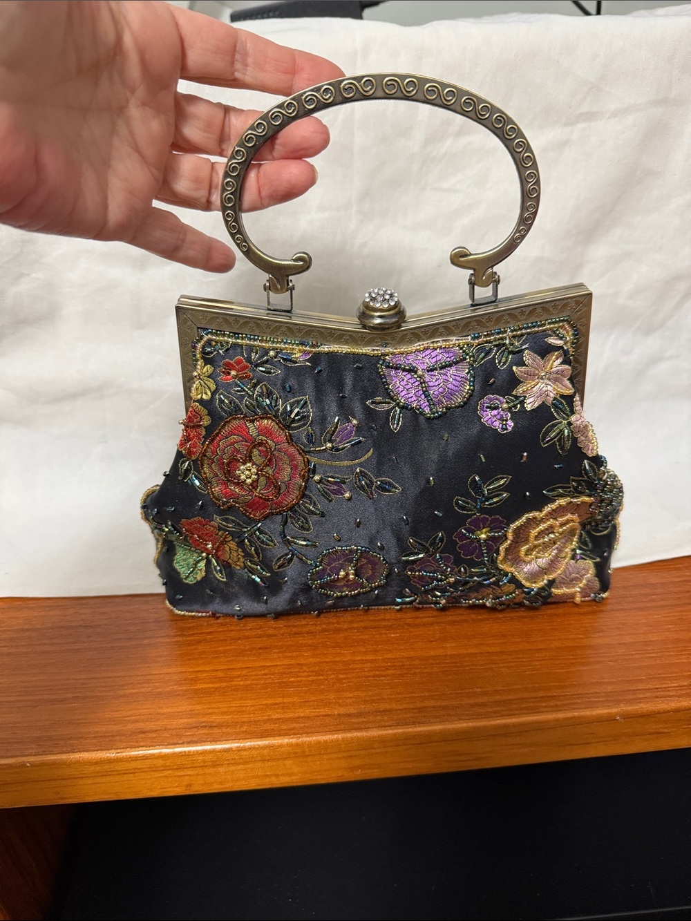 Embroidered Floral Evening Clutch with Decorative Handle - Black